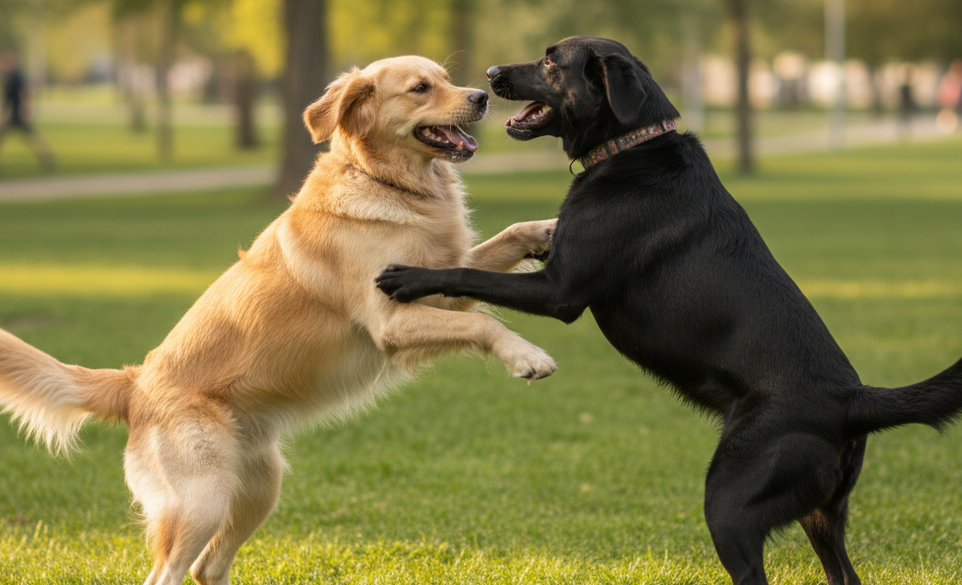 Due cani giocano alla lotta nel parco | RimosVet