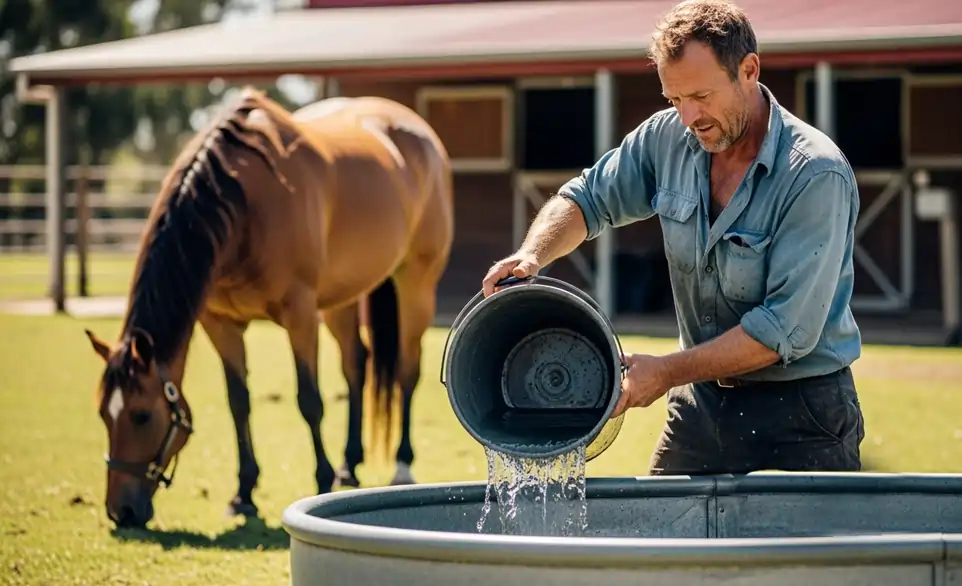 Proprietario riempie di acqua fresca e pulita l'abbeveratoio del suo cavallo | RimosVet