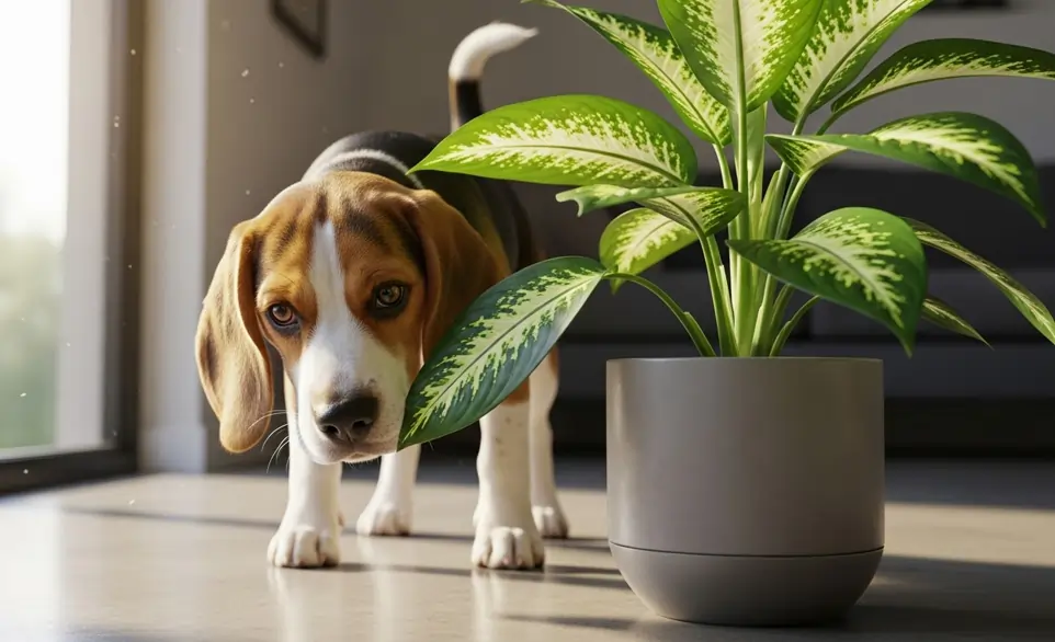 Un beagle irresistibilmente attratto da una pianta in salotto | RimosVet