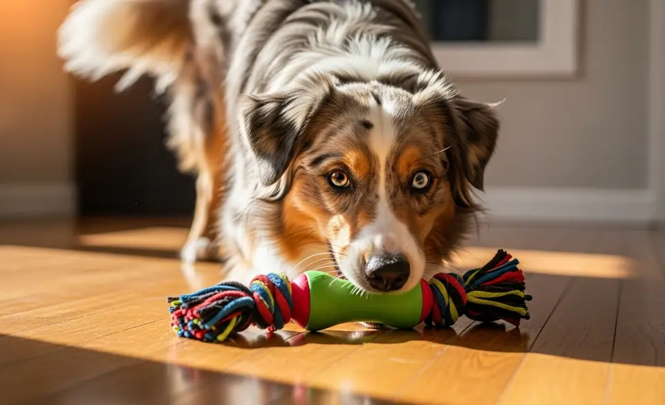 Cane che gioca felice sul pavimento di casa con un gioco in pezza | RimosVet