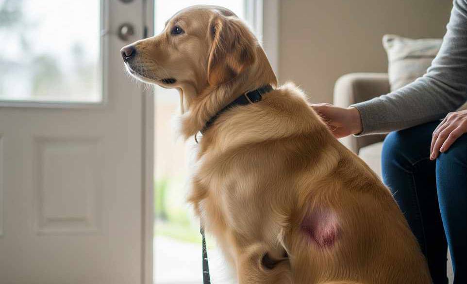 Cane in attesa dal veterinario per una dermatite con il suo proprietario | RimosVet