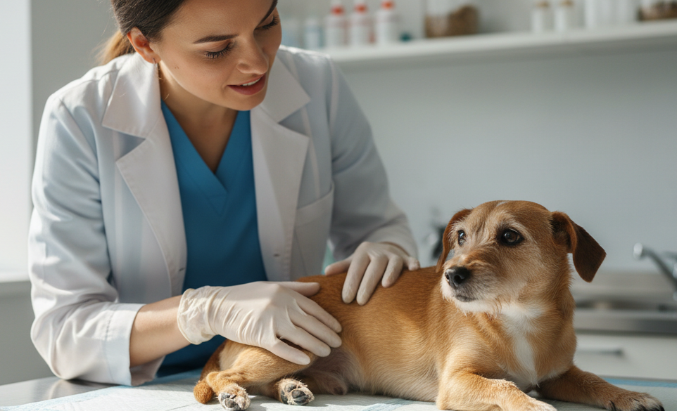 Un cane con la displasia all'anca visitato da una veterinaria nel suo studio | Rimosvet