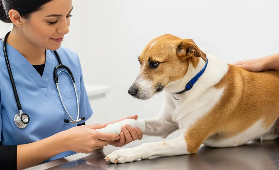 Cane a visita di controlla dal veterinario per una ferita alla zampa in via di rimarginazione | Rimos Vet