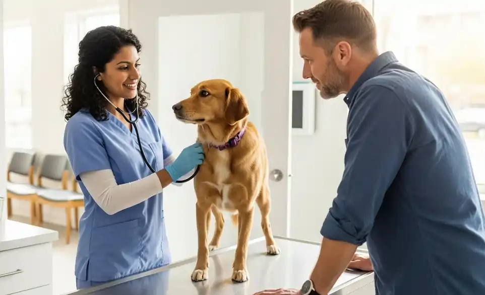 Cane in visita dal veterinario, occasione per un consiglio sull'antiparassitario da usare | RimosVet