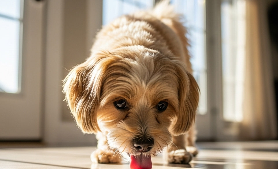 Un cane di piccola-media taglia lecca il pavimento | Rimosvet