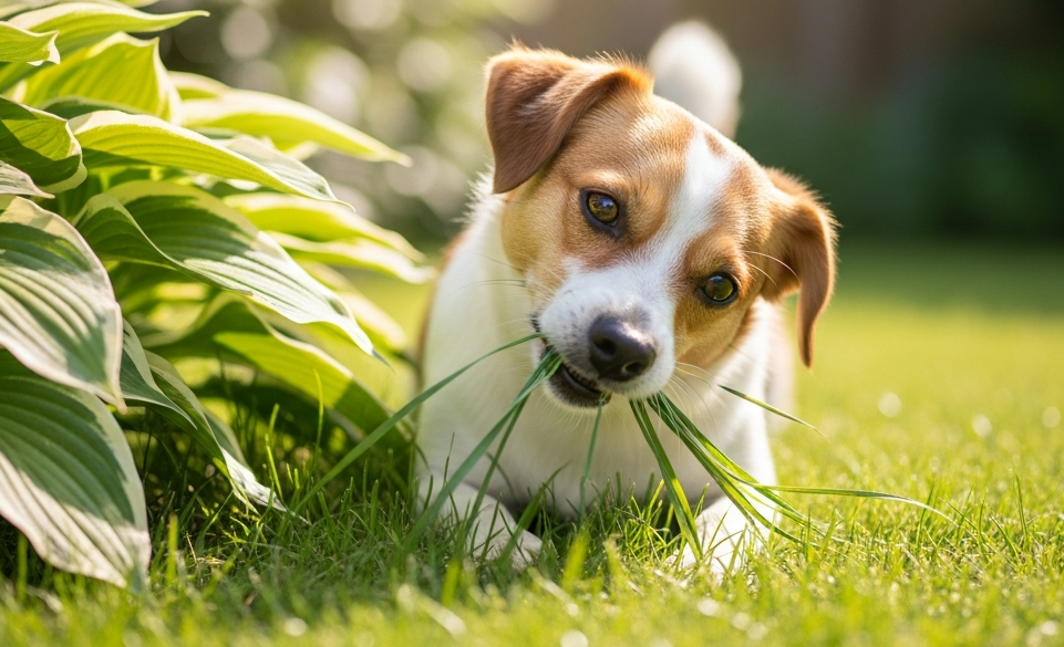 Un cane di piccola taglia mangia erba del prato | RimosVet