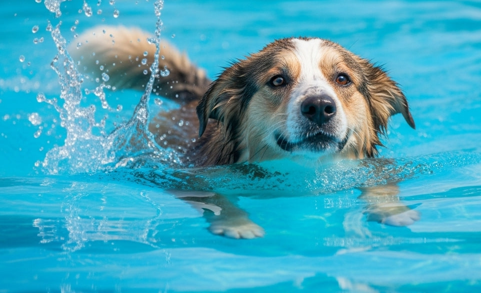 Un cane di piccola taglia nuota in piscina | RimosVet