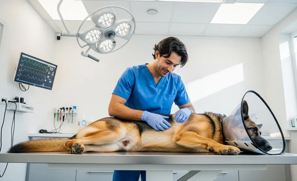 Bellissimo pastore tedesco con collare in visita dal medico veterinario | RimosVet