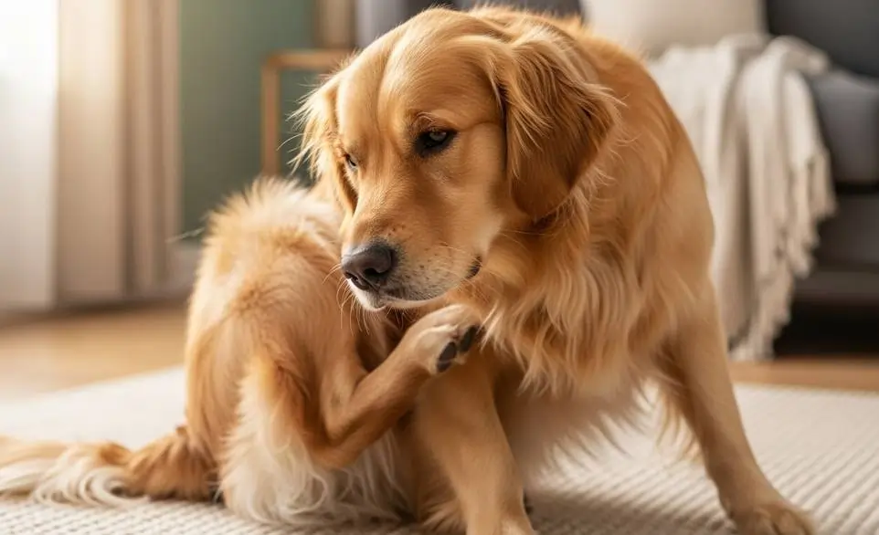 Cane si gratta nel salotto di casa, a causa della dermatite da acari | RimosVet