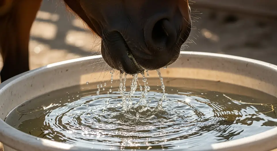 Cavallo beve acqua fresca e abbondante da una grande tinozza | RimosVet
