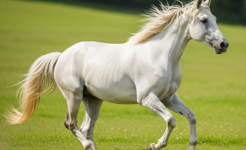 Un cavallo bianco che corre in un prato | RimosVet