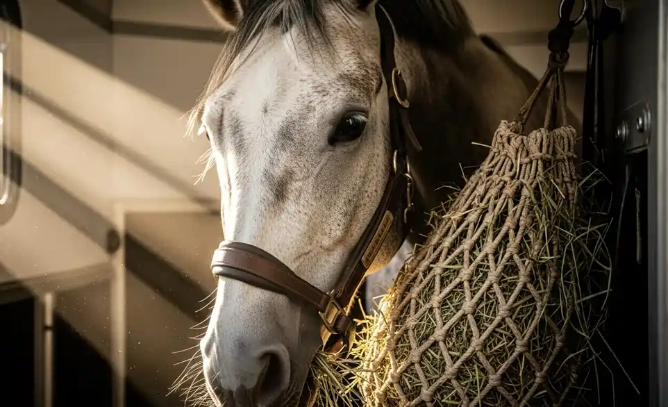 Cavallo mangia della biada durante il tragitto in van | RimosVet