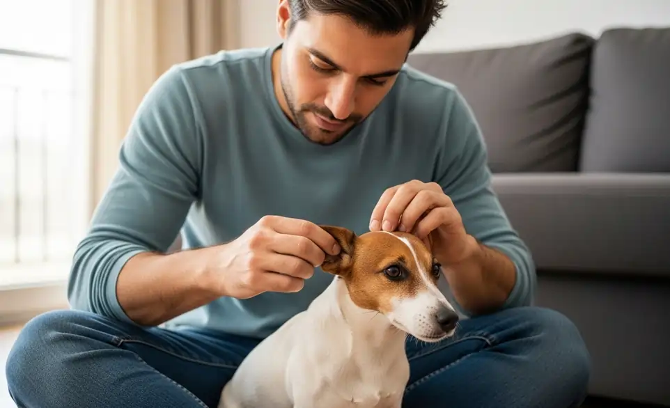 Uomo di 30 anni controlla che il suo cane non abbia zecche | RimosVet
