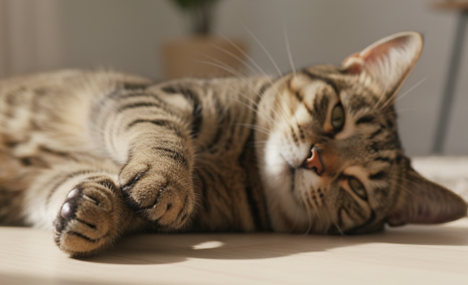 Un gatto sdraiato riposa con i cuscinetti delle zampe bene in vista | RimosVet