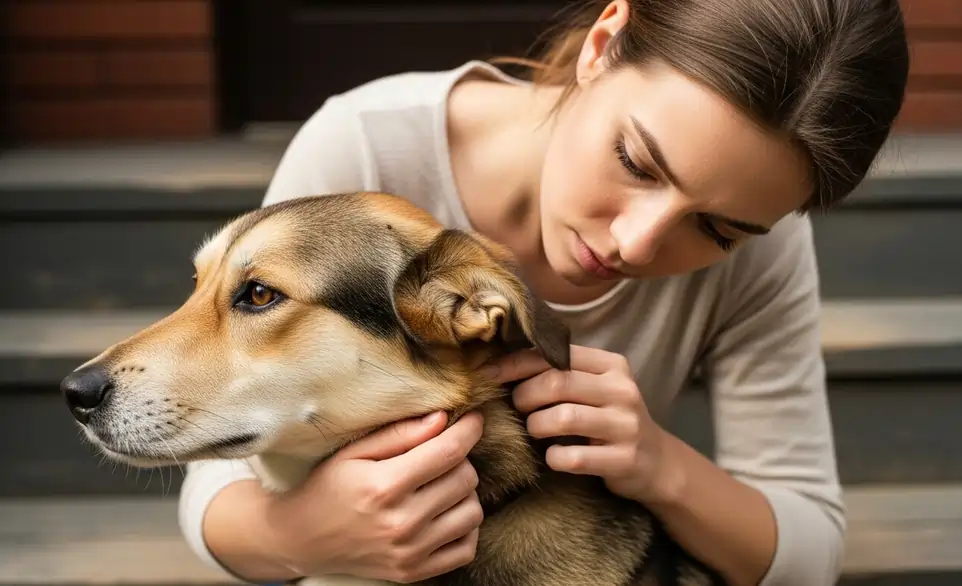 Donna controlla la pelle del suo cane alla ricerca di zecche dopo una passeggiata in campagna | RimosVEt