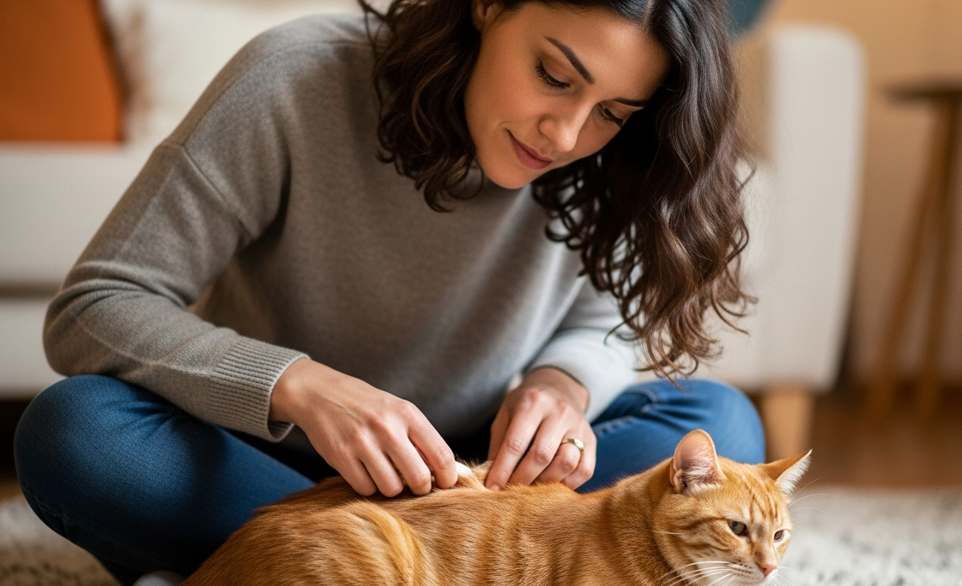 Donna esamina con attenzione la pelliccia del suo gatto tigrato color miele | RimosVet