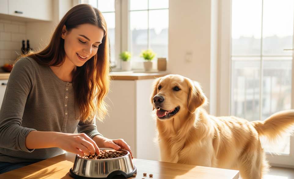 Donna prepara il pasto del suo cane, raccogliendo le ultime crocchette cadute fuori | RimosVet