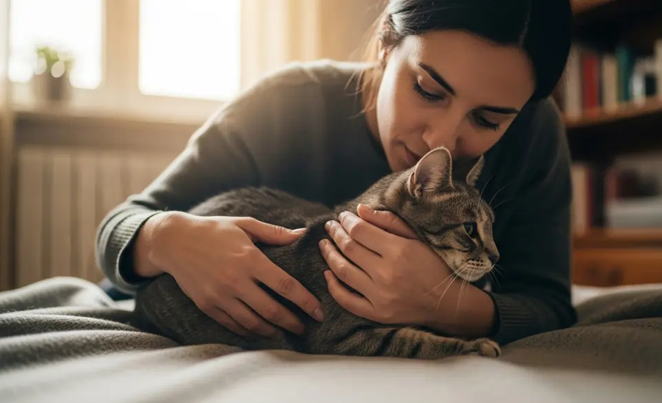 Donna sposta con delicatezza il suo gatto malato con piaghe da decubito |RimosVet
