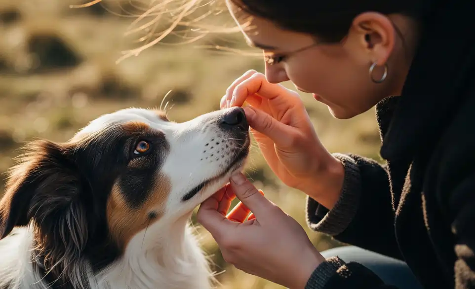 Donna controlla che il suo cane non abbia dei forasacchi infilati nella pelliccia dopo una passeggiata | Rimos Vet