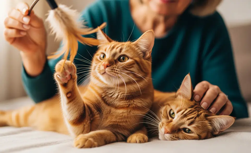 Padrona fa giocare i suoi gatti, ottima attività preventiva contro la dermatite da stress | RimasVet