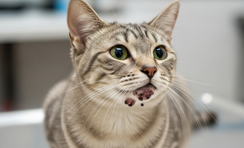 Un gatto grigio chiaro con acne | RimosVet