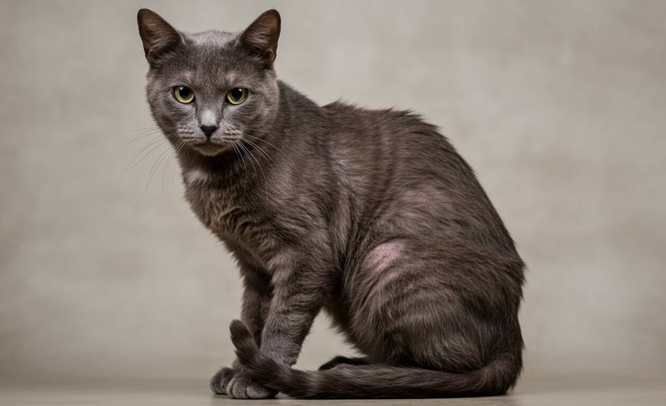 Gatto grigio con la dermatite da pulci | RimosVet