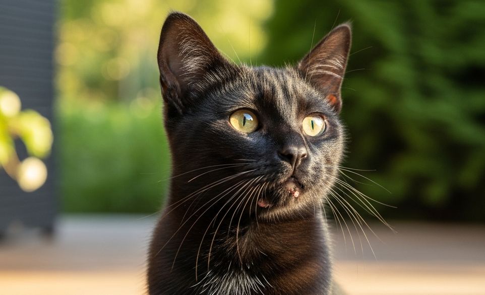 Un gatto nero con l'acne felina sul mento | RimosVet