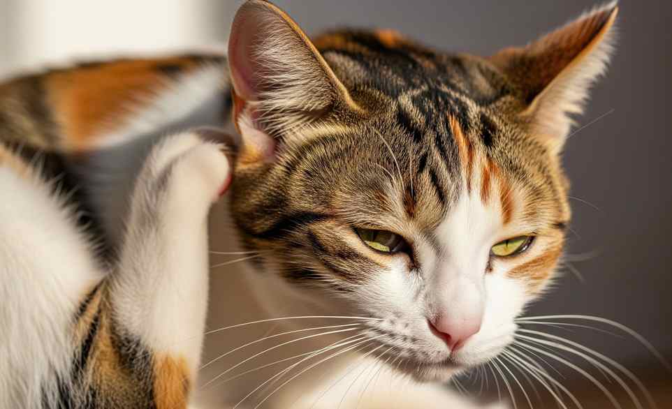 Gatto domestico intento a grattarsi l'orecchio | Rimos Vet