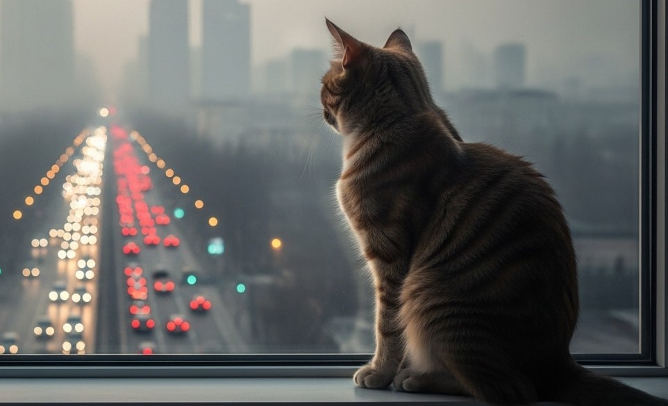 Un gatto alla finestra di un grattacielo con vista su una città inquinata | RimosVet
