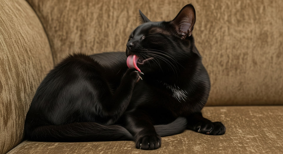 Un gatto nero si lecca per lavarsi sul divano | Rimosvet