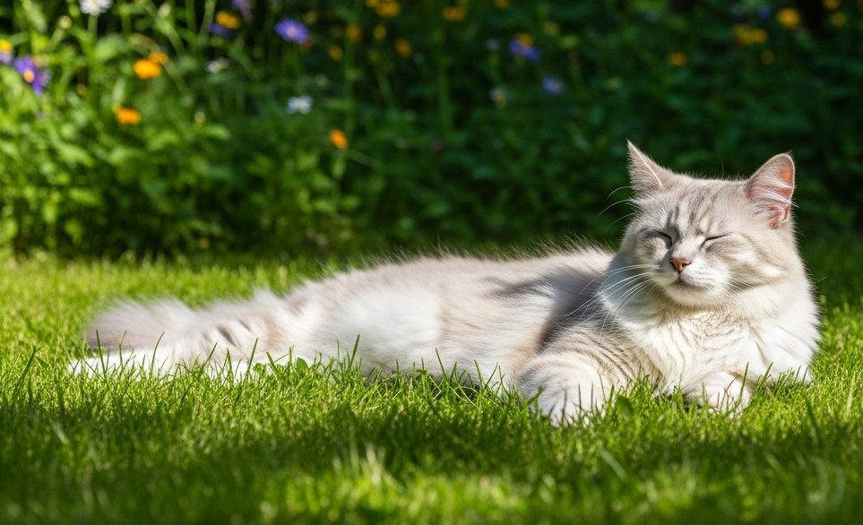 Un gatto chiaro sul prato rilassato che riposa sereno | RimosVet