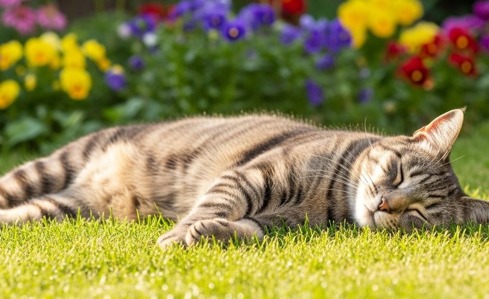 Gatto striato grigio riposa in giardino | RimosVet