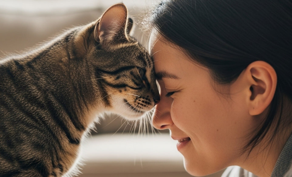 Un gatto strofina la sua testa al viso della padrona in segno d'affetto | Rimosvet