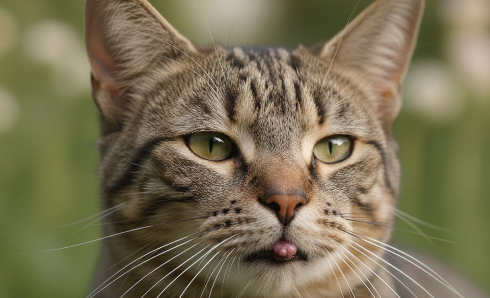 Un gatto grigio tigrato con un leggero granuloma sul labbro| RimosVet
