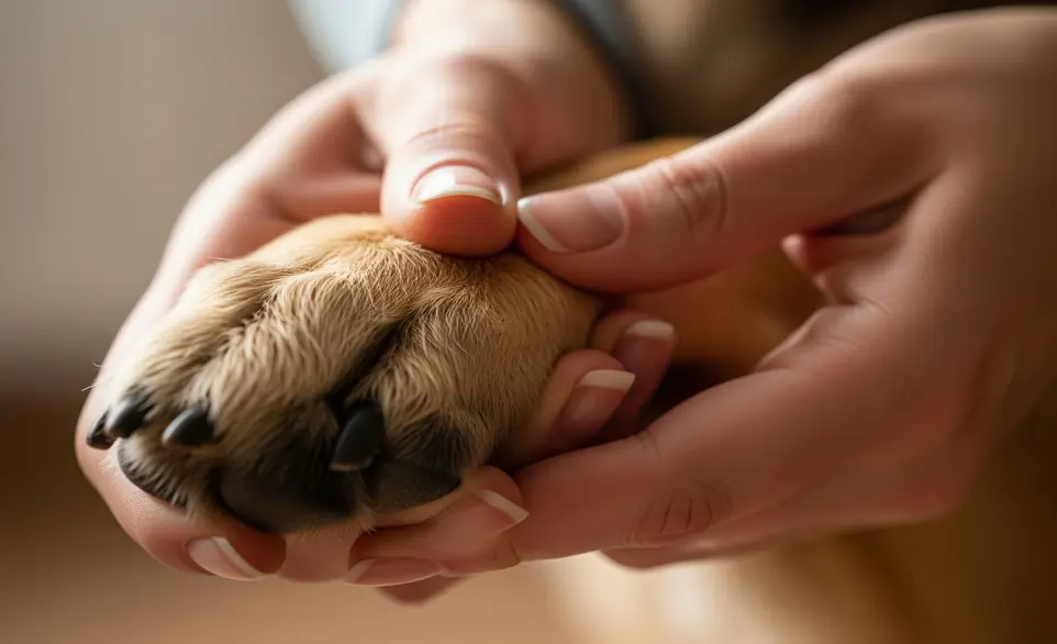 Proprietario ispeziona la zampa del suo cane verificando la presenza di una ferita | RimosVet