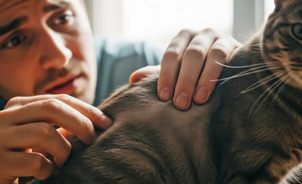 Padrone controlla la cute del suo gatto a causa di una perdita di pelo eccessiva | Rimos Vet