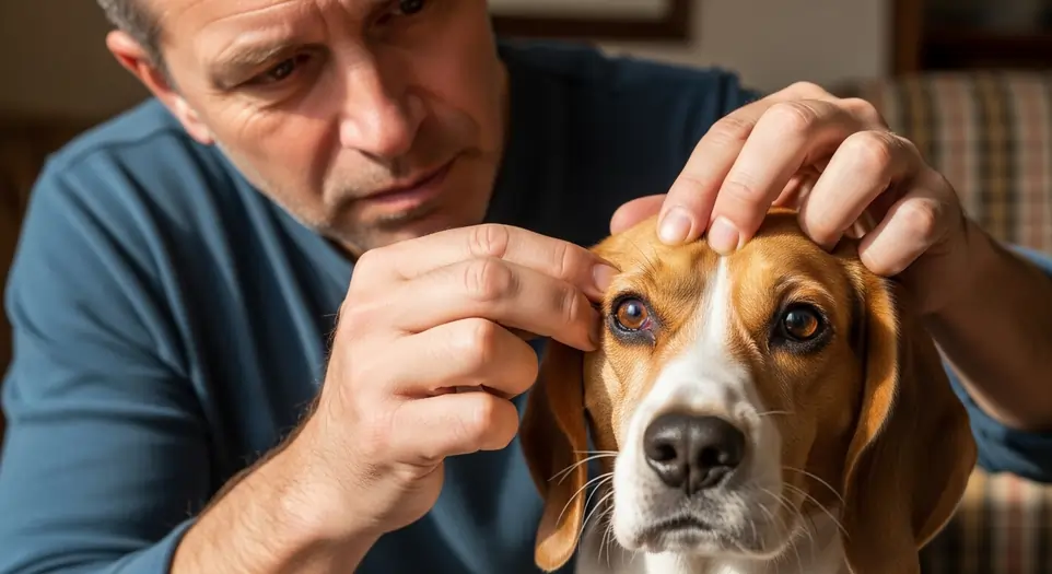 Padrone ispezione il suo cane alla ricerca dei sintomi della leishmaniosi | RimosVet