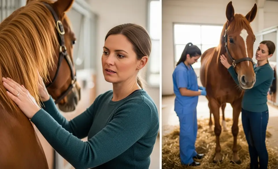 Proprietaria rassicura il proprio cavallo durante una visita veterinaria | RimosVet
