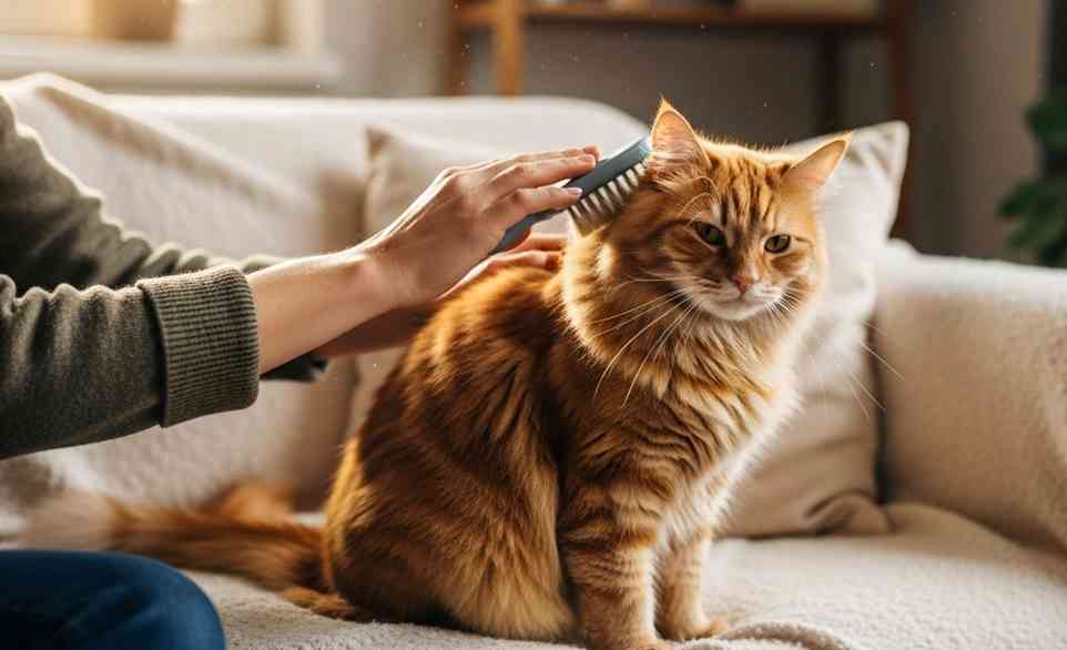 Proprietaria spazzola il suo gatto sul divano | RimosVet