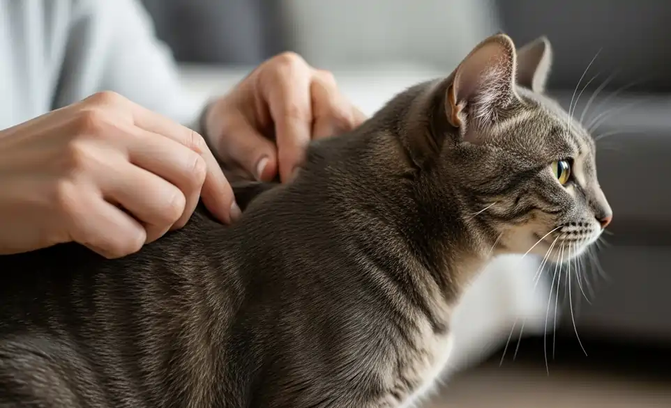 Proprietario esplora il mantello del suo gatto grigio tigrato alla ricerca di una possibile ferita da morso | RimosVet