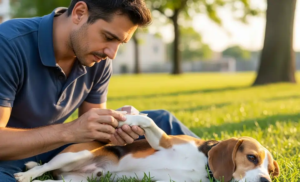 Uomo di 30 anni ispeziona la zampa del suo cane alla ricerca di zecche | RimosVet