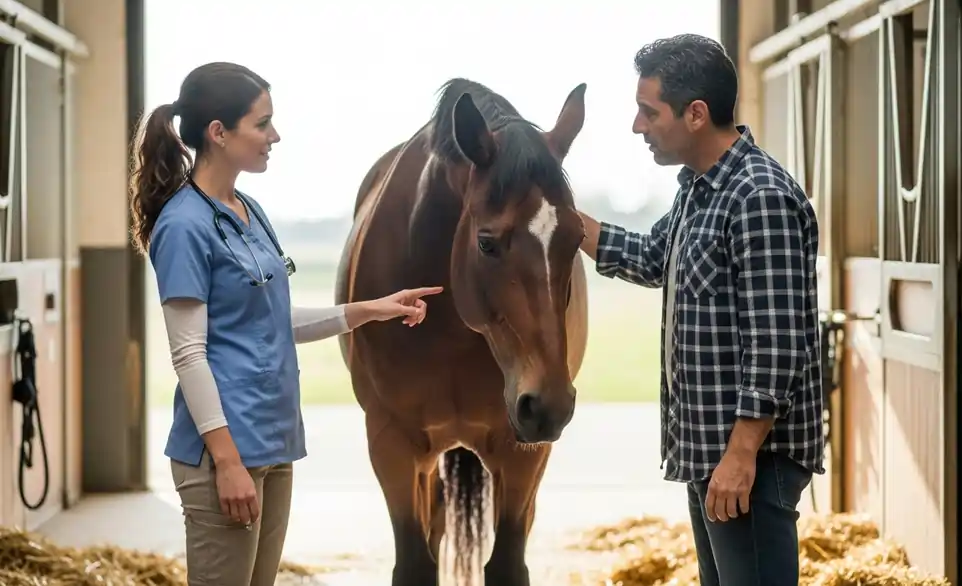 Veterinario e proprietario discutono della saluta del cavallo | RimosVet