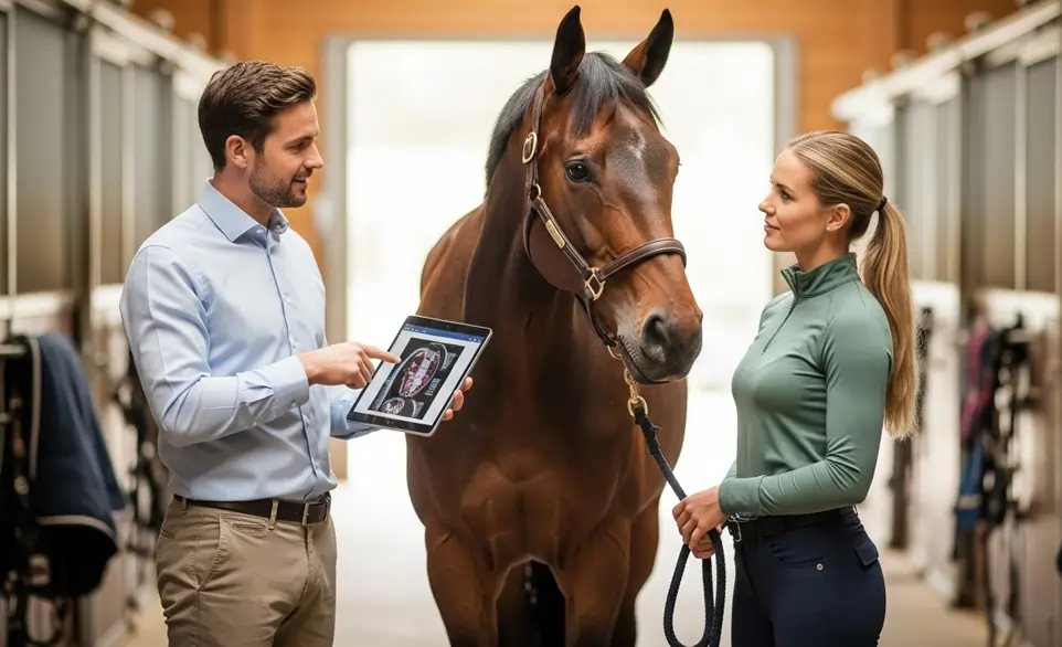 Veterinario spiega l'infezione del cavallo alla sua padrona con l'ausilio di un moderno tablet | RimosVet